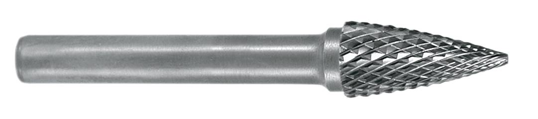 En konisk fræsestift af metal med krydsribbet overflade, der bruges til bearbejdning af materialer som træ, plast og metal.