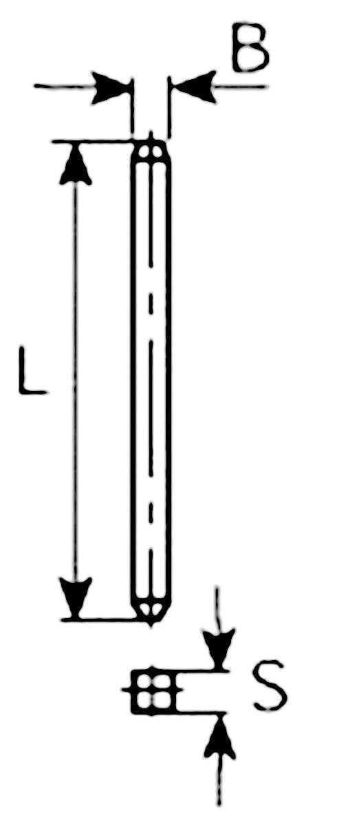 Teknisk tegning af en pen med længdeangivelse 'L', diameter 'B' og afstand 'S'.