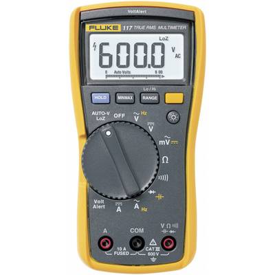 Et gult multimeter viser '600,0 V AC' på displayet. Det har forskellige knapper og omskiftere til spændings- og strømmåling.