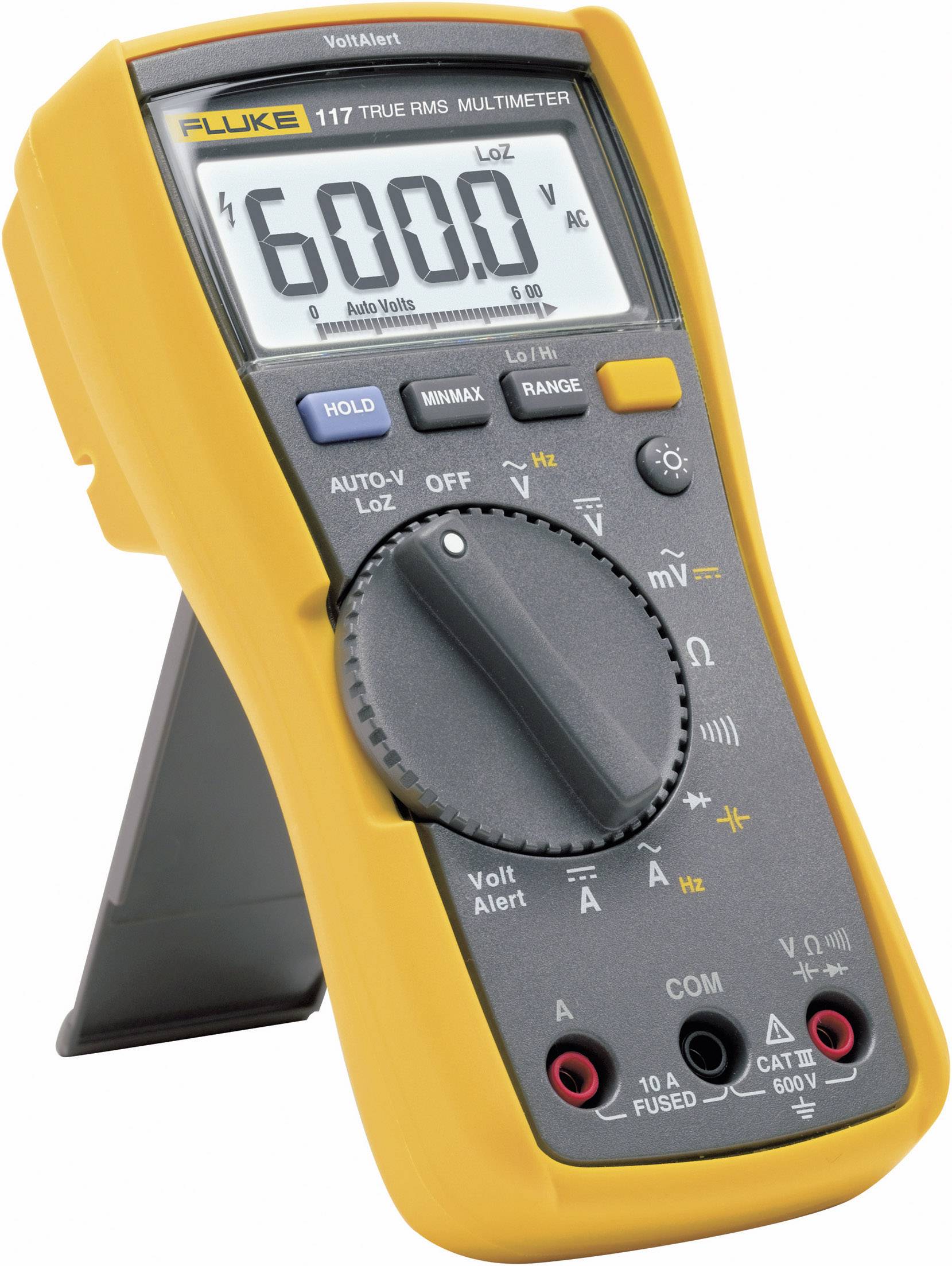 Et gult multimeter viser en værdi på 600,0 volt AC på displayet. Det har forskellige knapper og en drejelig vælger til valg.