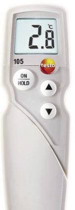 Digitalt termometer viser 2,0 grader Celsius. Indeholder taster: 'ON', 'HOLD', op- og nedpile.