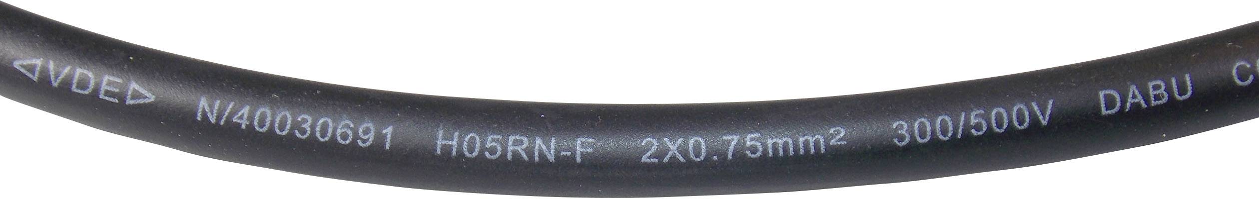 Etiket på sort kabel med påskriften 'H05RN-F - 2X0,75mm² 300/500V'. Elektriske specifikationer synlige.
