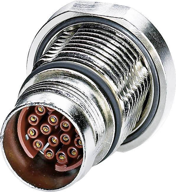 En rund, flerpolet metallisk stik med flere guldfarvede kontaktben, egnet til elektriske forbindelser i industrielle applikationer.