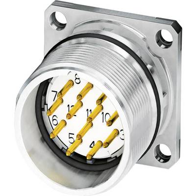 En rund stikforbinder med metalkappe og flere guldbelagte ben, nummereret fra 1 til 10, til elektriske forbindelser.