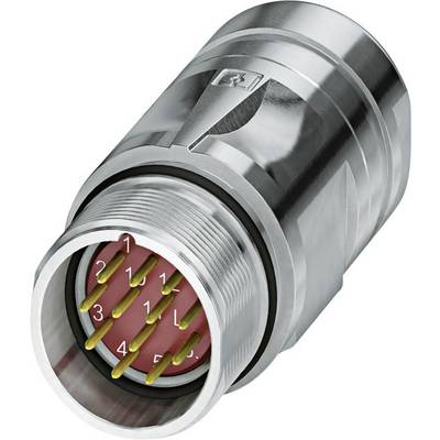 Stik med metalkappe og syv gyldne kontaktben, nummereret fra 1 til 5 og L, til elektriske forbindelser.