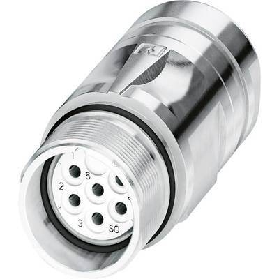 En multipolær elektrisk stikforbinder, sølvfarvet og cylindrisk, med nummererede tilslutninger synlige på forsiden.