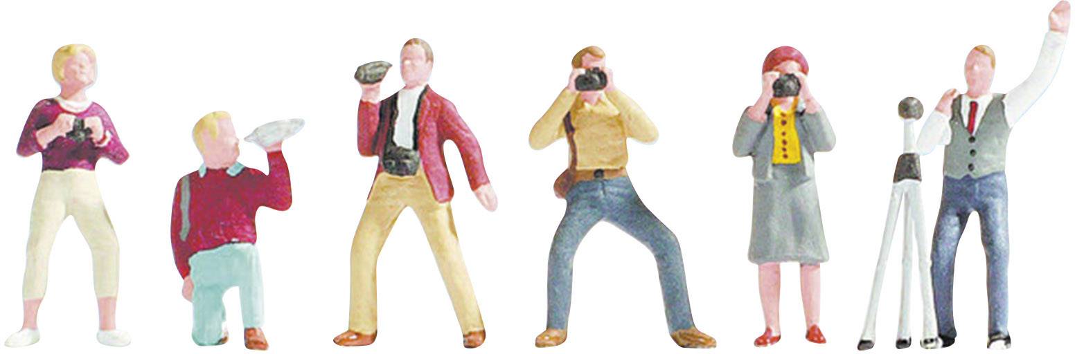Miniaturfigurer, der fremstiller mennesker i forskellige positurer mens de fotograferer. Hver figur holder et kamera eller et tilbehør.