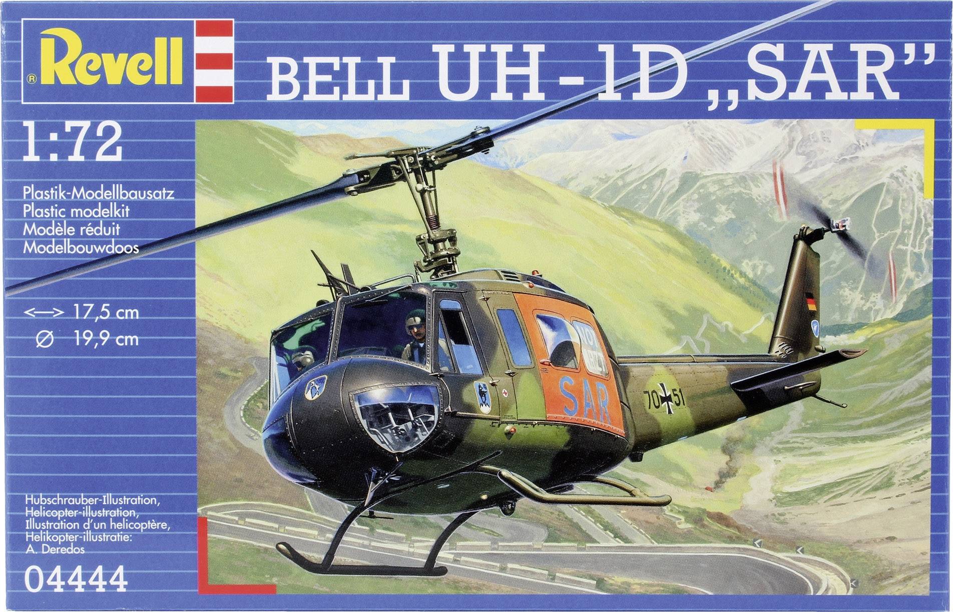 En Bell UH-1D SAR helikoptermodel fra Revell i skala 1:72. Vist i flyvning over bjergrig landskab, med det tyske flag.