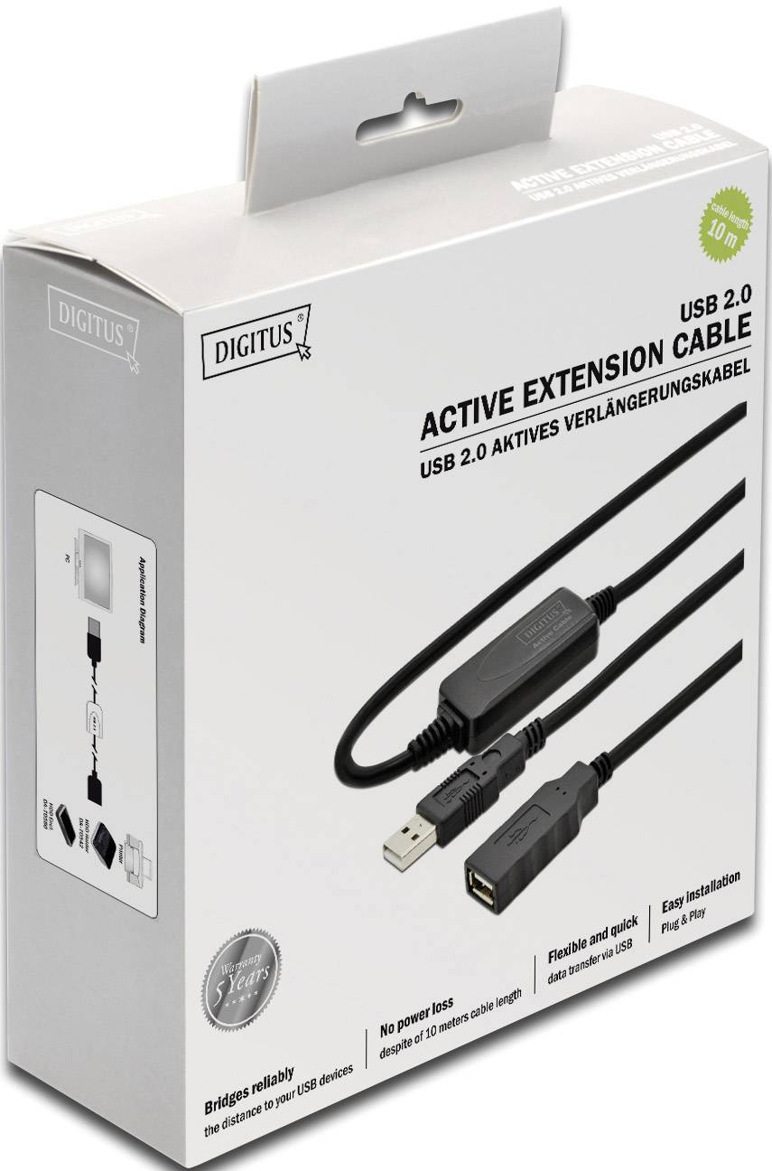 'Emballage til et USB 2.0 aktivt forlængerkabel fra Digitus. Billede af kabel med stik, tekst med angivelse af længde på 10 meter.'