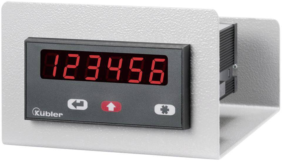 Elektronisk tæller med rødt LED-display viser '123456'. Den har tre betjeningstaster nedenunder.
