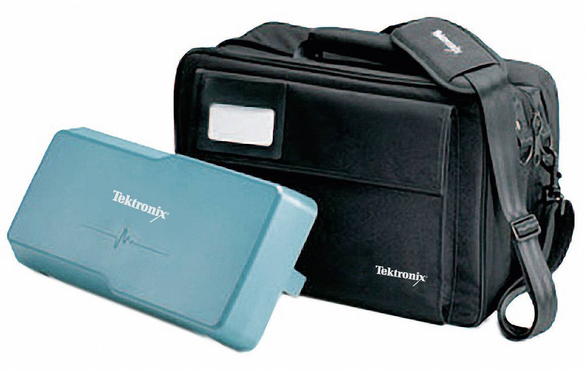 En sort indkøbstaske og et blåt elektronisk udstyr med logoet 'Tektronix'.