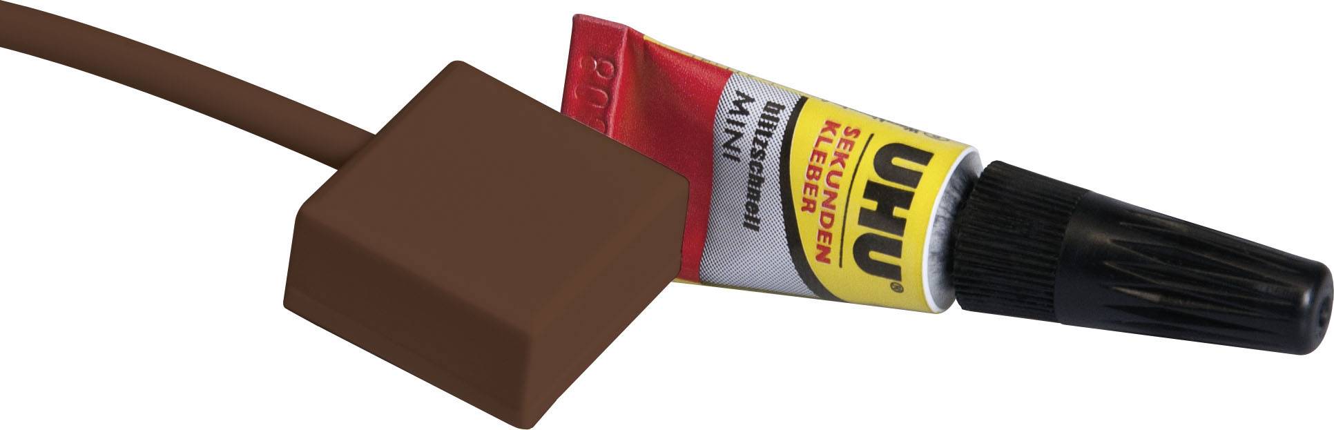 En tube sekundlim ved siden af et brunt kabel med et rektangulært stik.