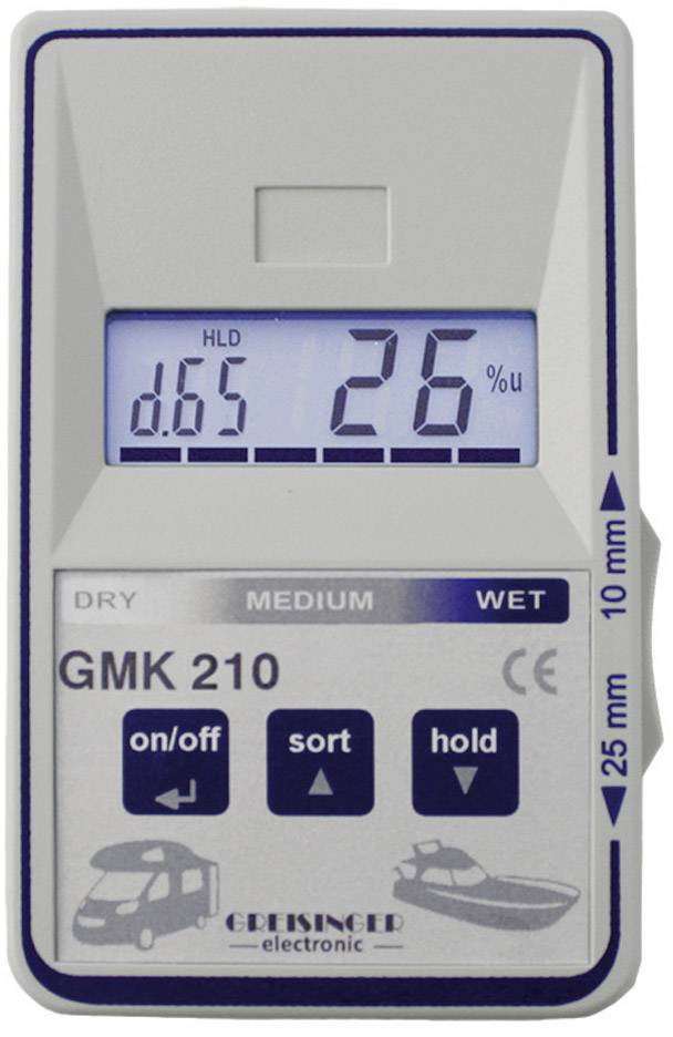 Digitalt fugtighedsmåler GMK 210 viser 26 % fugtighed. Taster: 'on/off', 'sorter', 'hold'. Symboler: Bil, Båd.