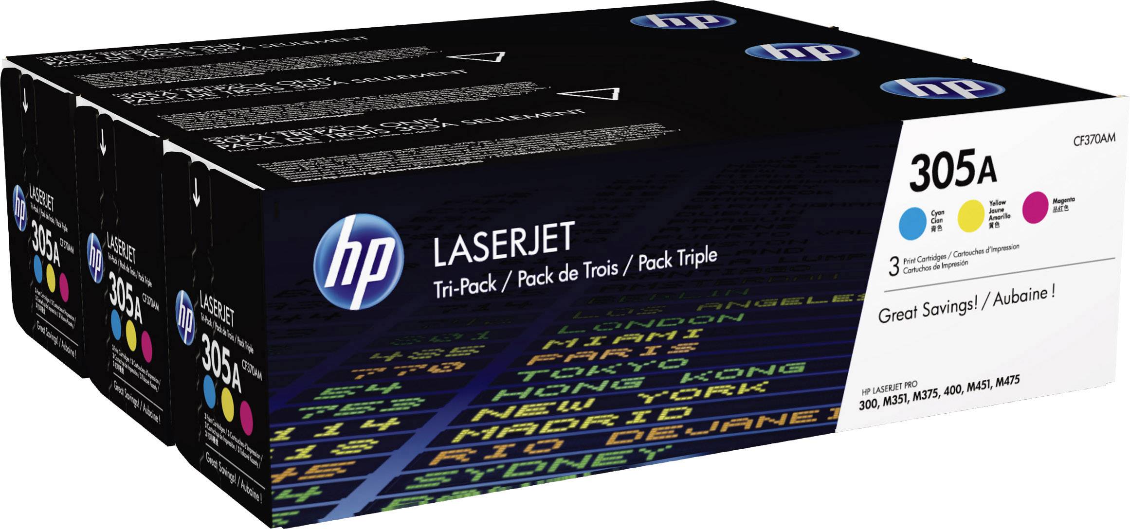 Dreierpack HP 305A tonerpatroner i sort, cyan, magenta og gul til LaserJet-printere. Ideel til høje printvolumener.