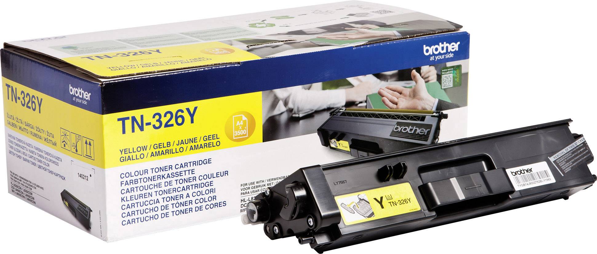 Tonerpatron 'Brother TN-326Y' i gul ved siden af emballagen. Velegnet til farvelaserprintere, med høj rækkevidde og nem installation.