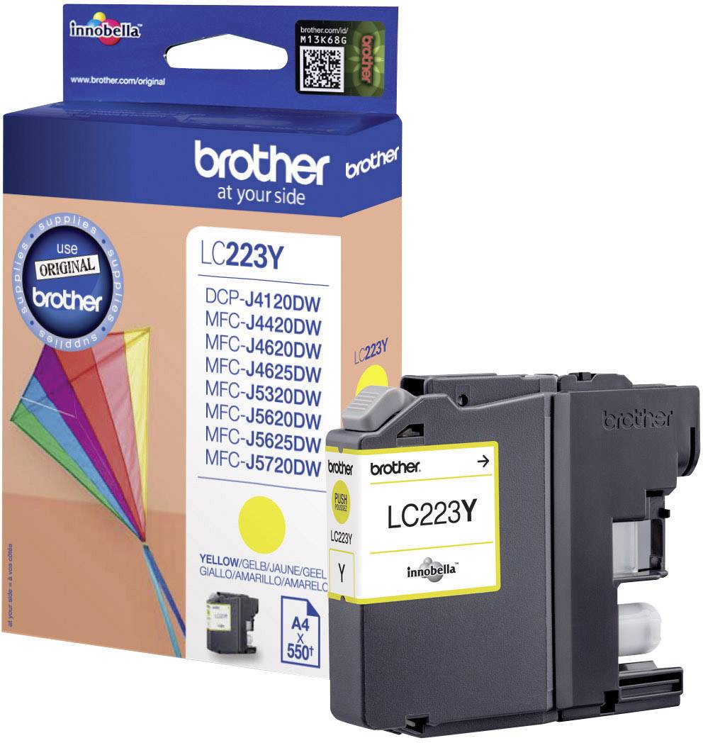 Patron til Brother-printer, model LC223Y, gul, egnet til forskellige printermodeller. Emballagen viser brogede farver.