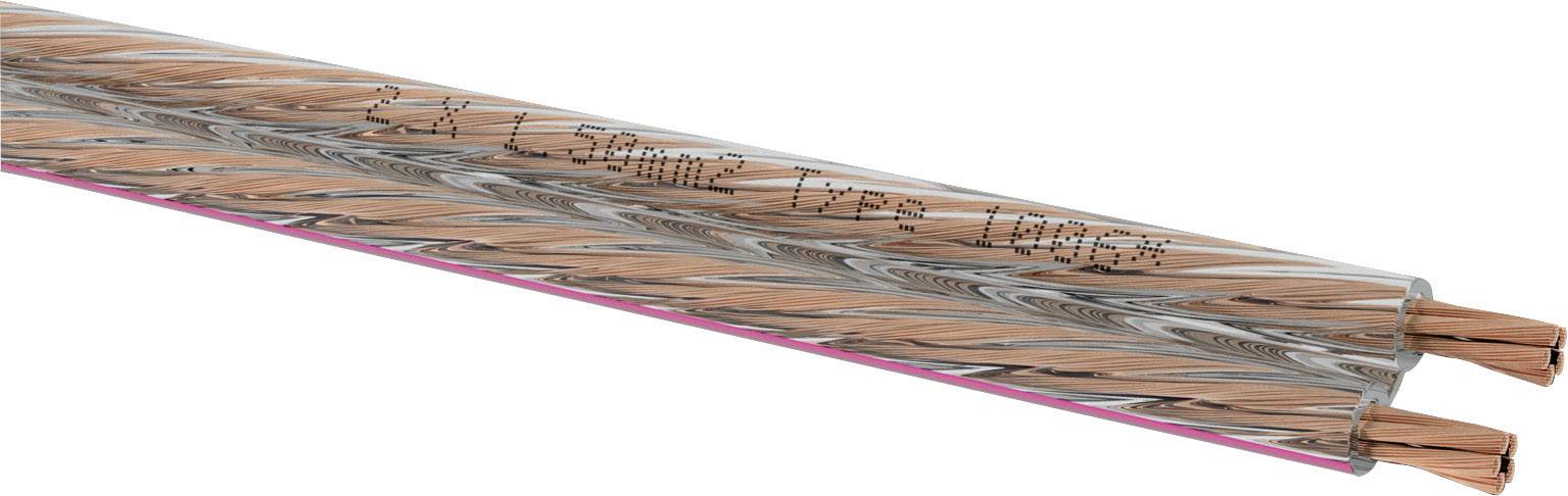 Et transparent overtrukket, snoet kobberledning med påskriften '2 x 2,5 mm²'. Egnet til højttalerforbindelser.