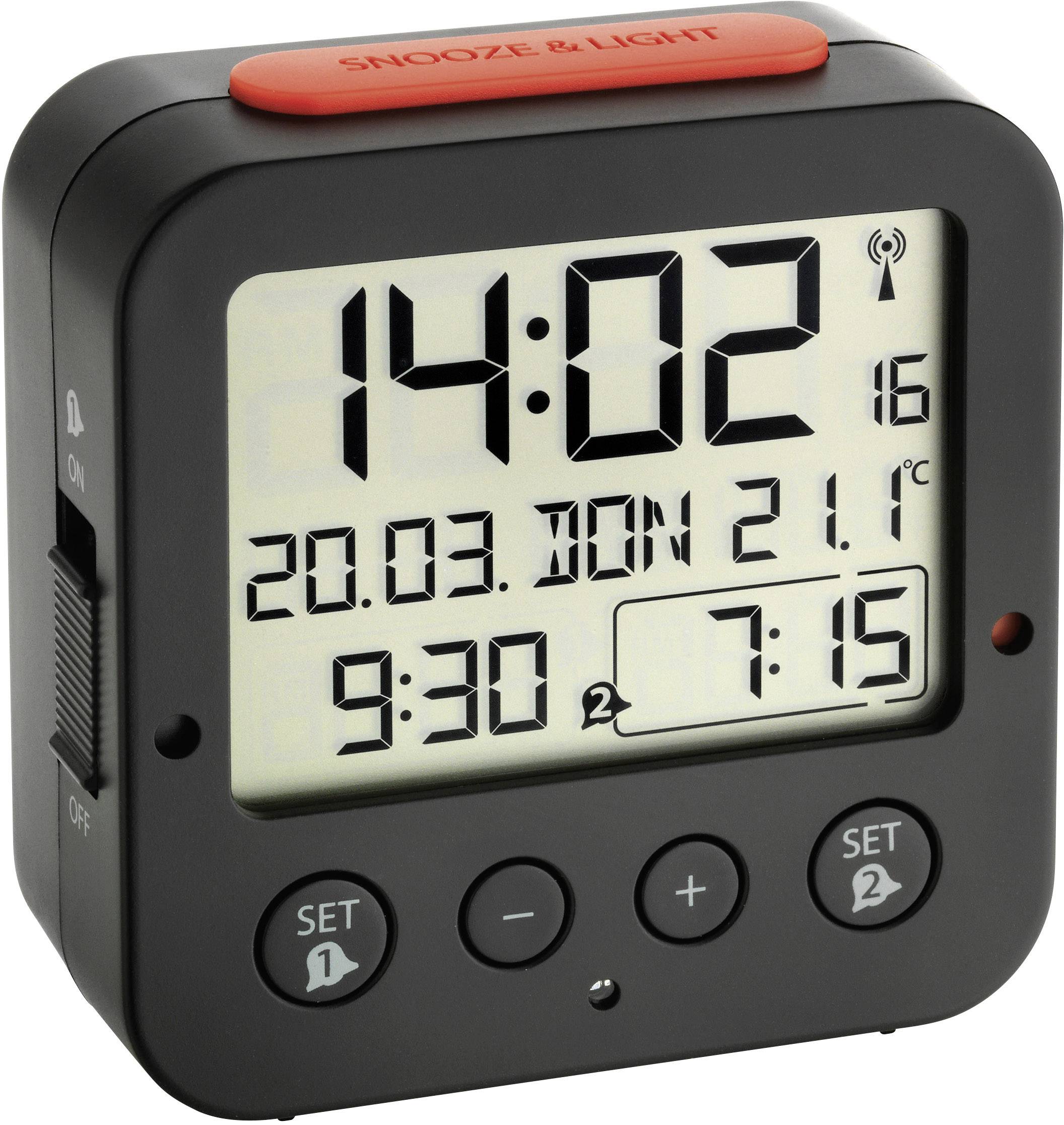 Sort digital vækkeur med stor display. Viser kl. 14:02, datoen 20.03., en indendørstemperatur på 21,1 grader og to vækningstider.
