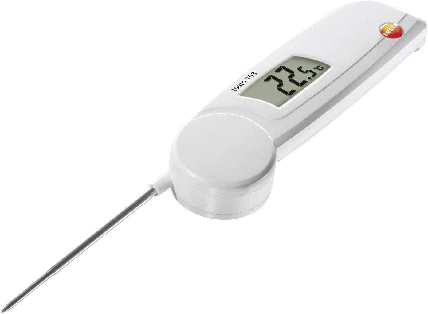 Digitalt køkkentermometer med metallisk sonde viser 22,5 °C på en lille digital skærm.