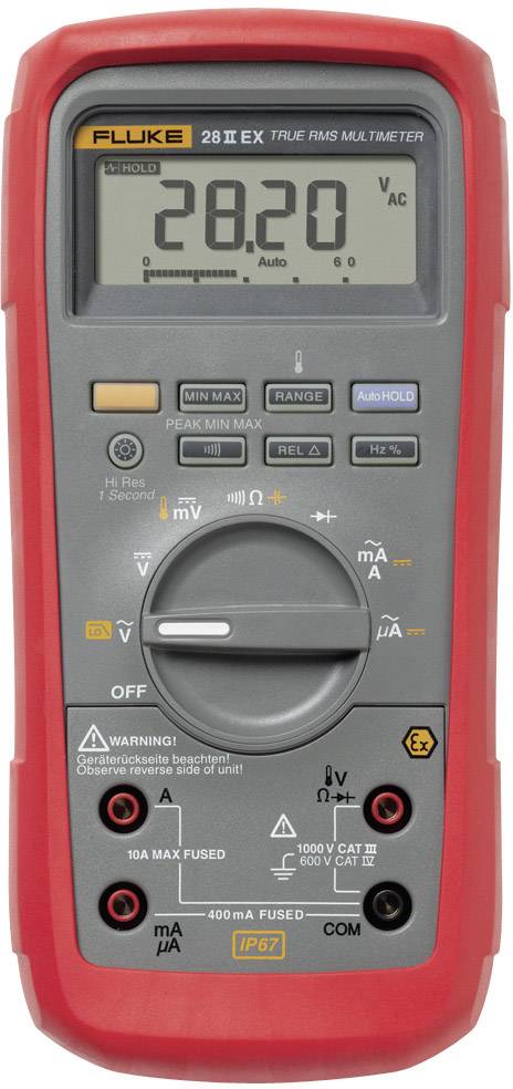 Digitalt multimeter med rødt kabinet viser '28,20 VAC' på displayet. Funktioner og knapper til forskellige måletyper er synlige.