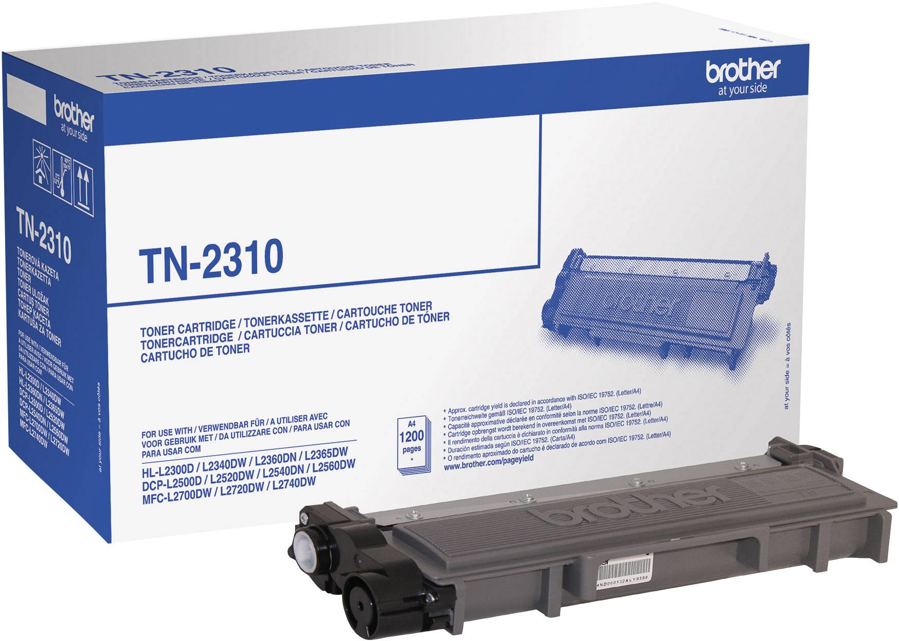Æske til en Brother TN-2310 tonerpatron ved siden af patronen. Indeholder toner til printer, rækker op til 1.200 sider.