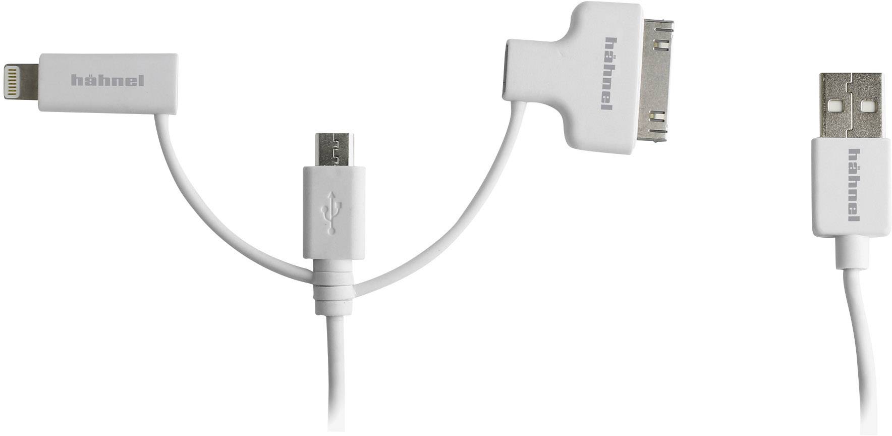 Illustration af et USB-kabel med tre forskellige stik: Lightning, Micro-USB og 30-Pin-adapter; mærke 'hahnel'.