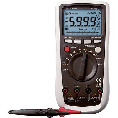 Et digitalt multimeter med display og drejelig vælger til måling af spænding, strøm og modstand. Markeringer på engelsk.