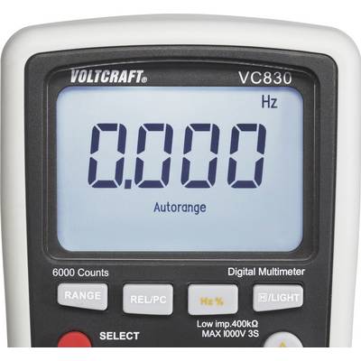 Et digitalt multimeter fra mærket 'Voltcraft' viser værdien '0.000'. Enheden kan måle spændinger op til 1000V.