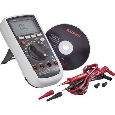 Et digitalt multimeter med tilbehør og en installations-cd er afbildet.