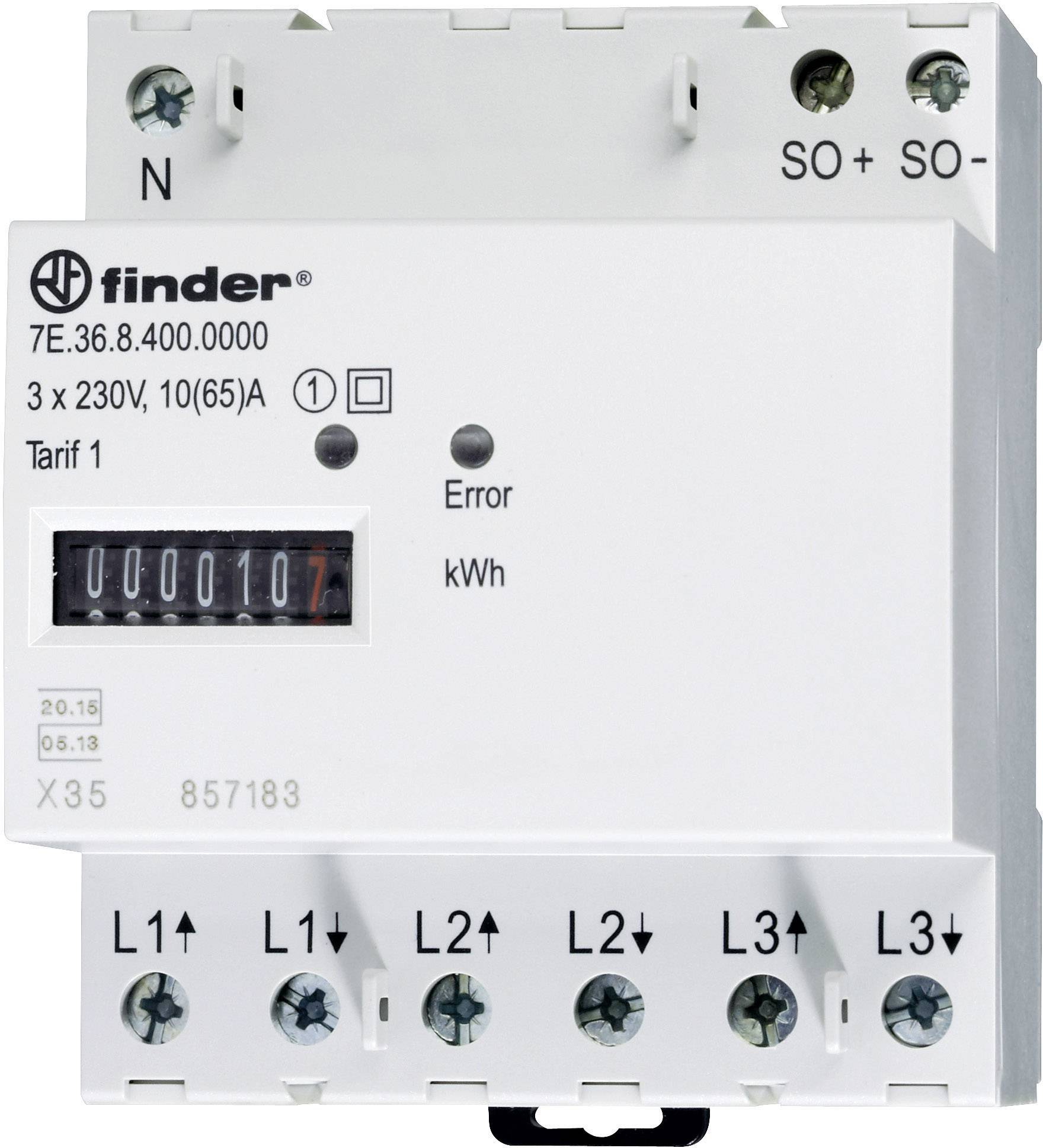 En trefaset energimåler med digitalt display viser '107 kWh'. Tilslutninger og påskrift '3 x 230V, 10(65)A'.