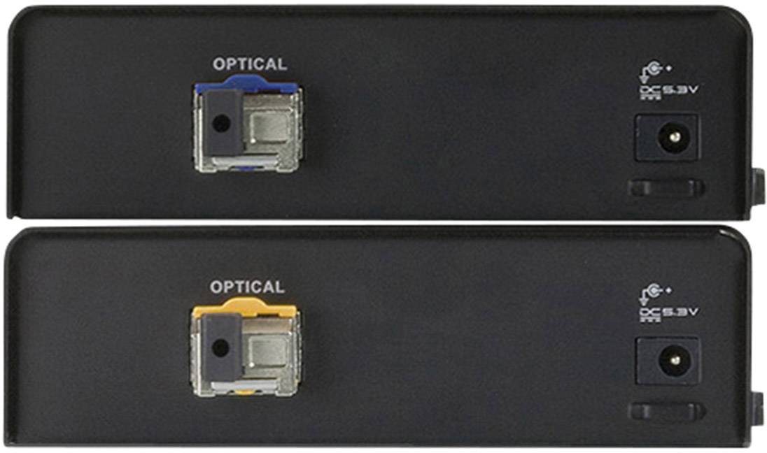 To sorte optiske enheder stablet oven på hinanden med 'OPTICAL'-tilslutning og strømtilslutning til højre, markeret med blå og orange farver.