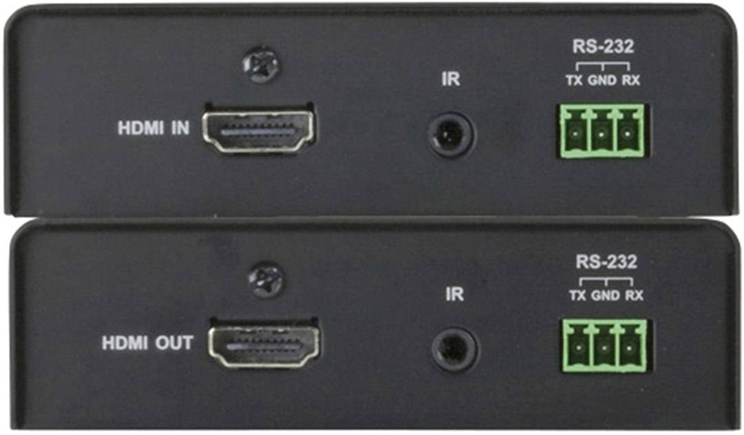 To geræter med HDMI-indgang og -udgang, IR-forbindelse og RS-232-grænseflader til TX, GND, RX-forbindelser.