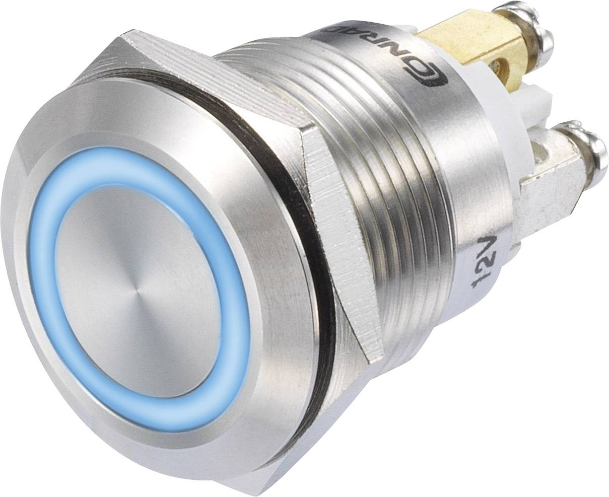 En metallic trykknap med blå LED-ring, cylinderformet, egnet til industrielle anvendelser.