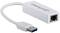 Hvid USB-A-adapter til Ethernet med 'Manhattan'-logo på siden.