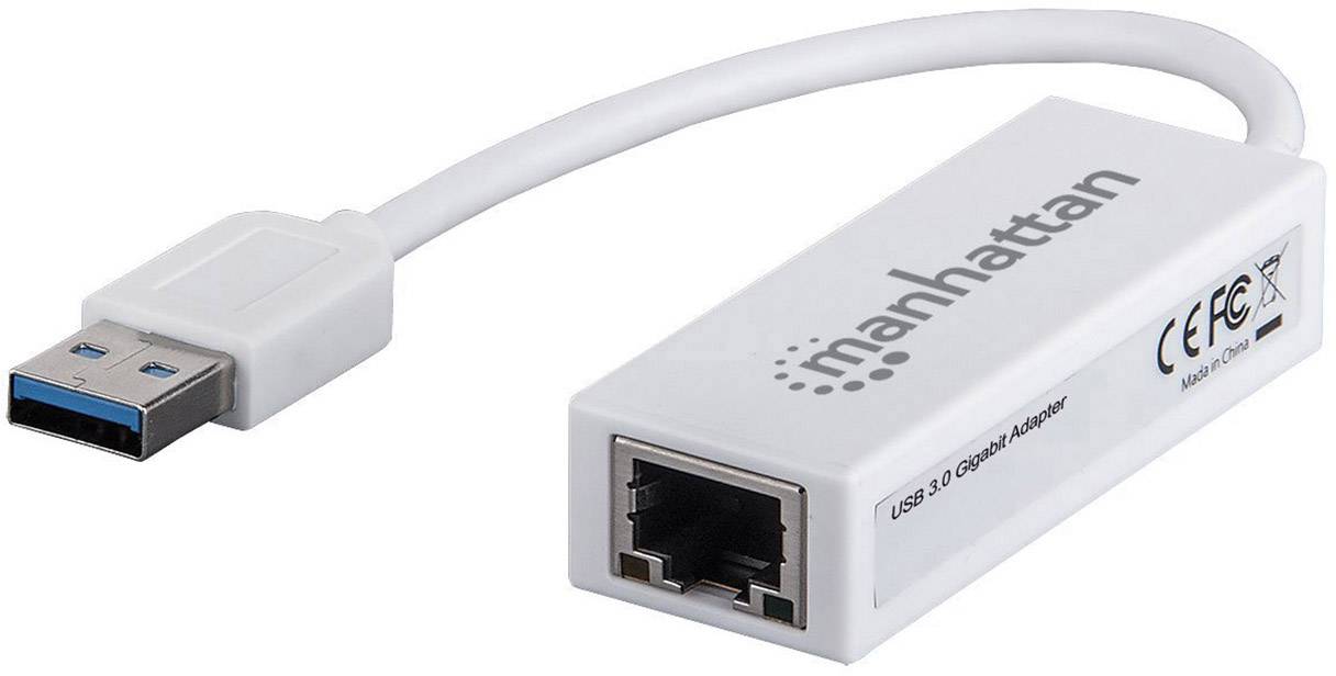 Hvid USB 3.0 til Ethernet-adapter med påtrykt 'manhattan'. Egnet til at forbinde en computer med et Ethernet-netværk.