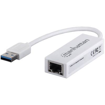 Hvid USB 3.0 til Ethernet-adapter med påtrykt 'manhattan'. Egnet til at forbinde en computer med et Ethernet-netværk.