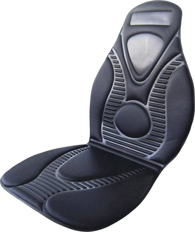 En ergonomisk sort sædebetræk med struktureret overflade for bedre komfort og støtte.