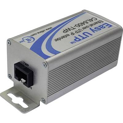 Metalindhylning med påskriften 'Easy UTP Extender'. Den har en Ethernet-port på forsiden.