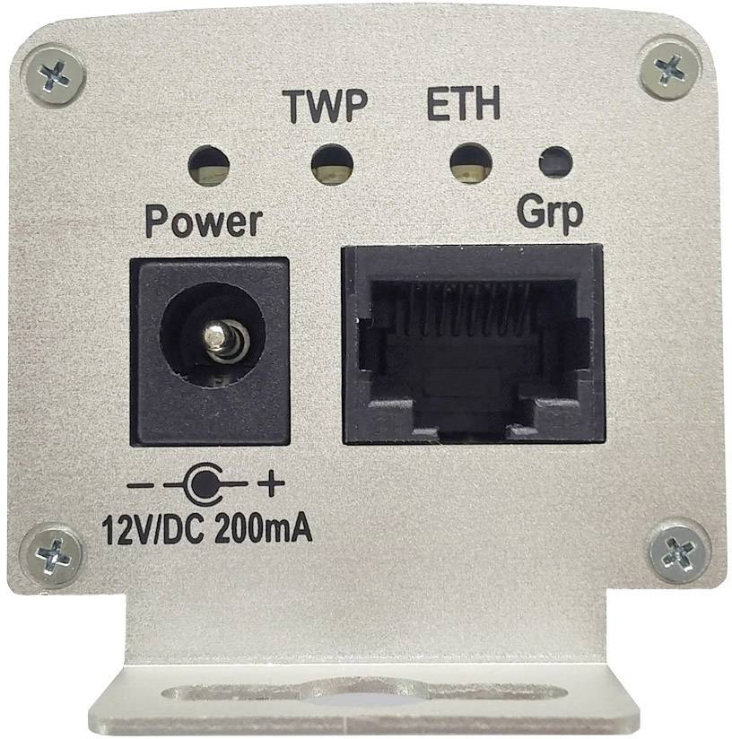 Metalplade med to tilslutninger: venstre side har en rund netstrømstilslutning mærket 'Power', højre side har en Ethernet-port mærket 'ETH'.