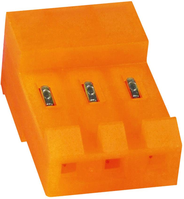 Orange stikforbindelse med tre metalkontakter, bruges i elektroniske enheder til forbindelser.