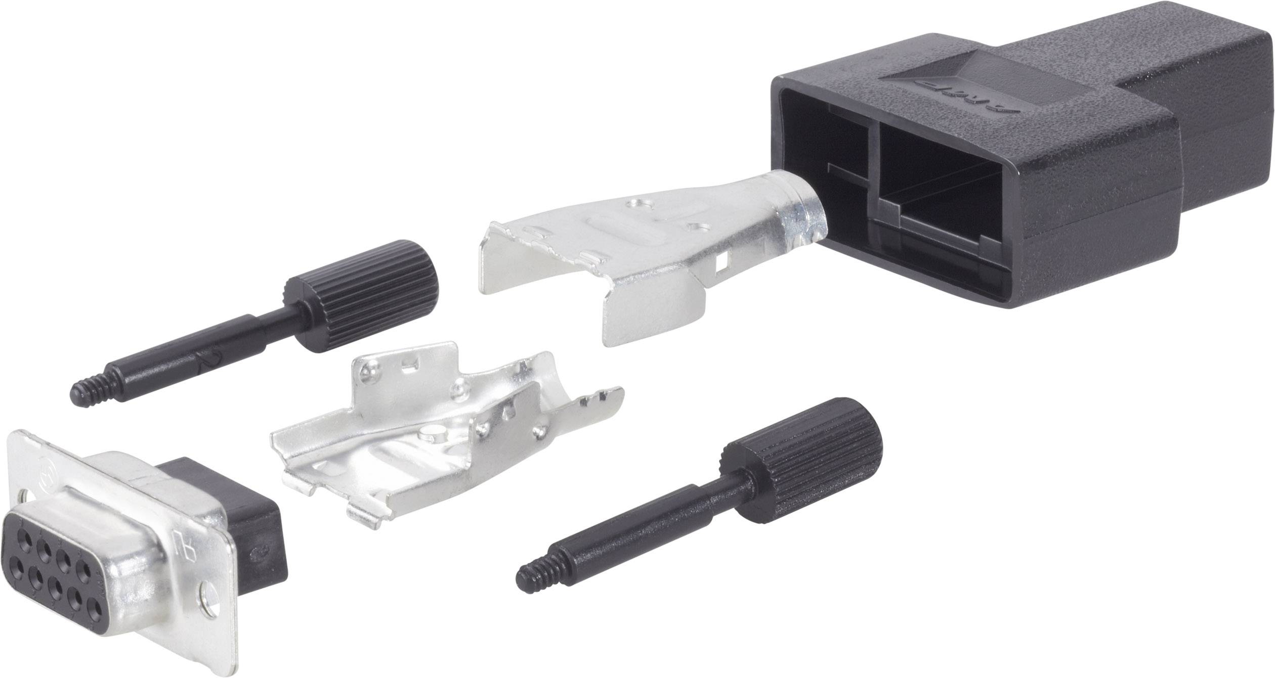Enkeltdele af en D-Sub-stikforbindelse: Plastikkabinetdel, metalclips, 9-pin-sokkel og skruer til montering.