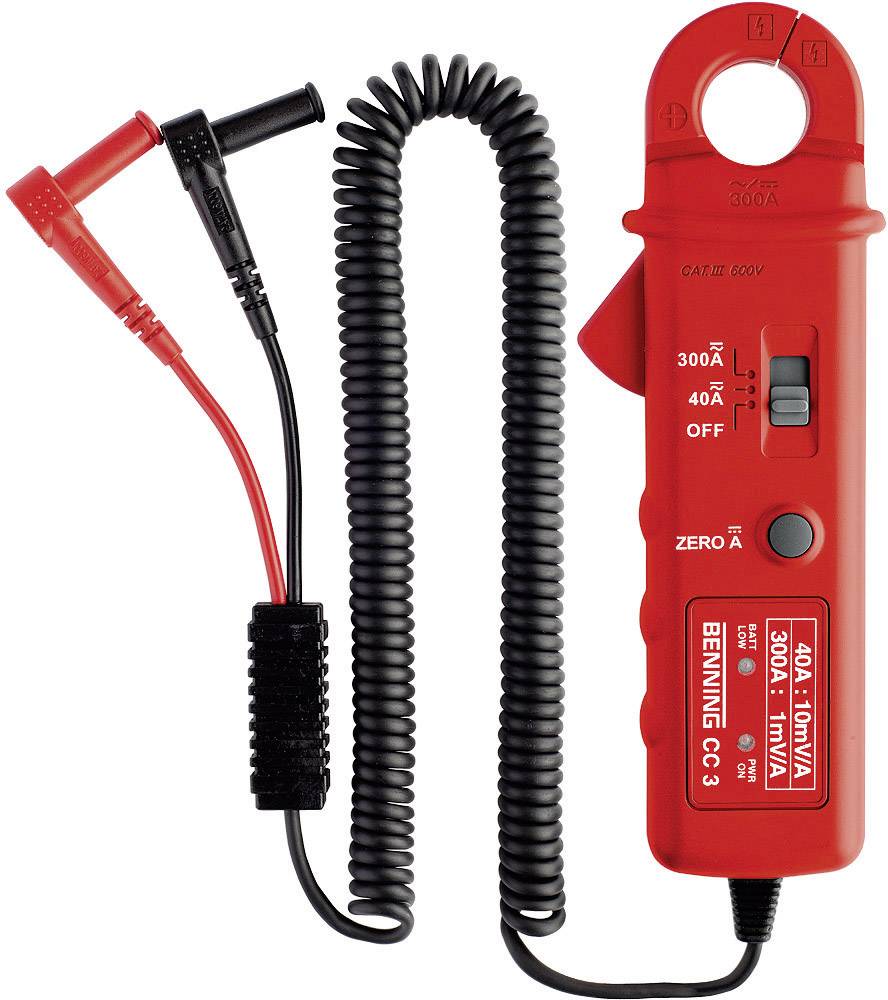 Rødt strømtangsapparat med spiralkabel og klemmer. Skala fra 40A til 300A. Model: BENNING CC-3.