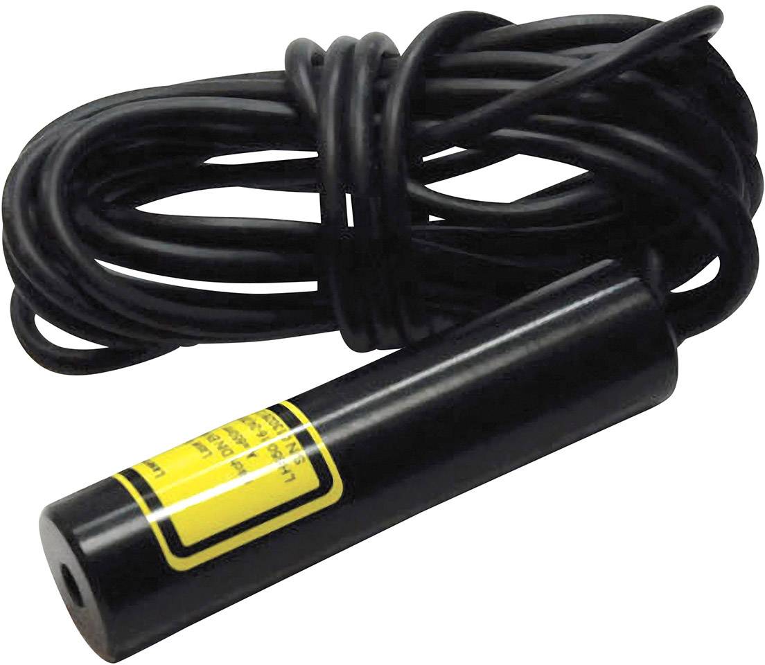 'Sort cylindrisk sensor med langt kabel; gul etiket på sensoren.'