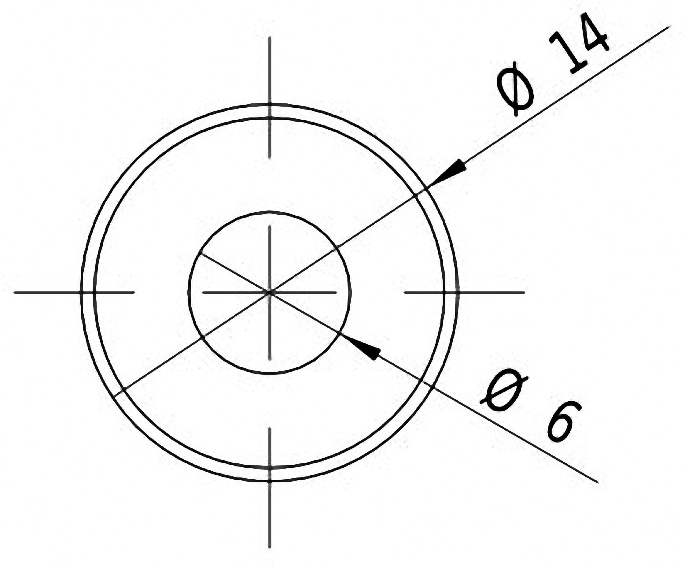 Teknisk tegning af en cirkel med en diameter på 14 og en indre cirkel på 6, begge med krydsnet.