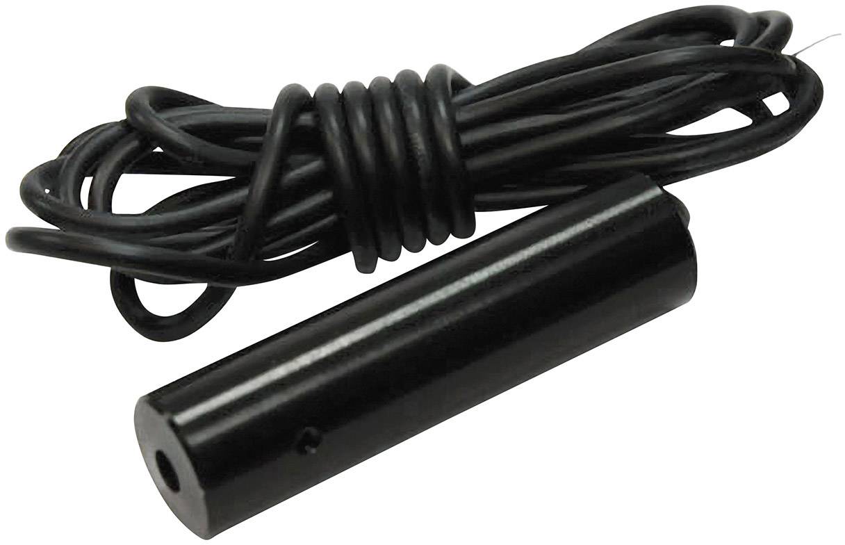 Sort cylindrisk sensor med langt, oprullet kabel, sandsynligvis til elektroniske anvendelser eller målinger.