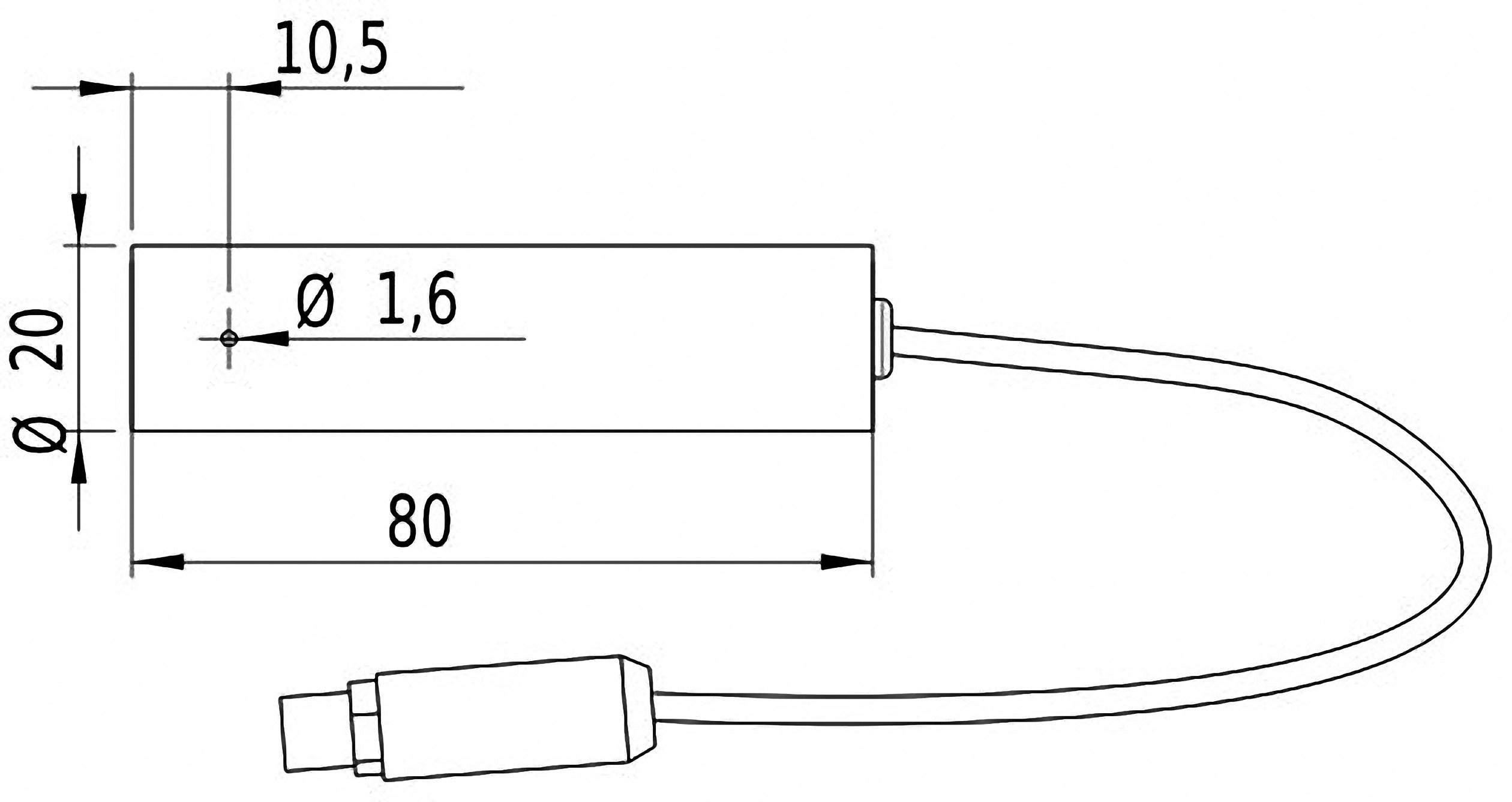 Teknisk tegning af en cylindrisk sensor med dimensioner: Længde 80 mm, diameter 20 mm, kabelforbindelse.