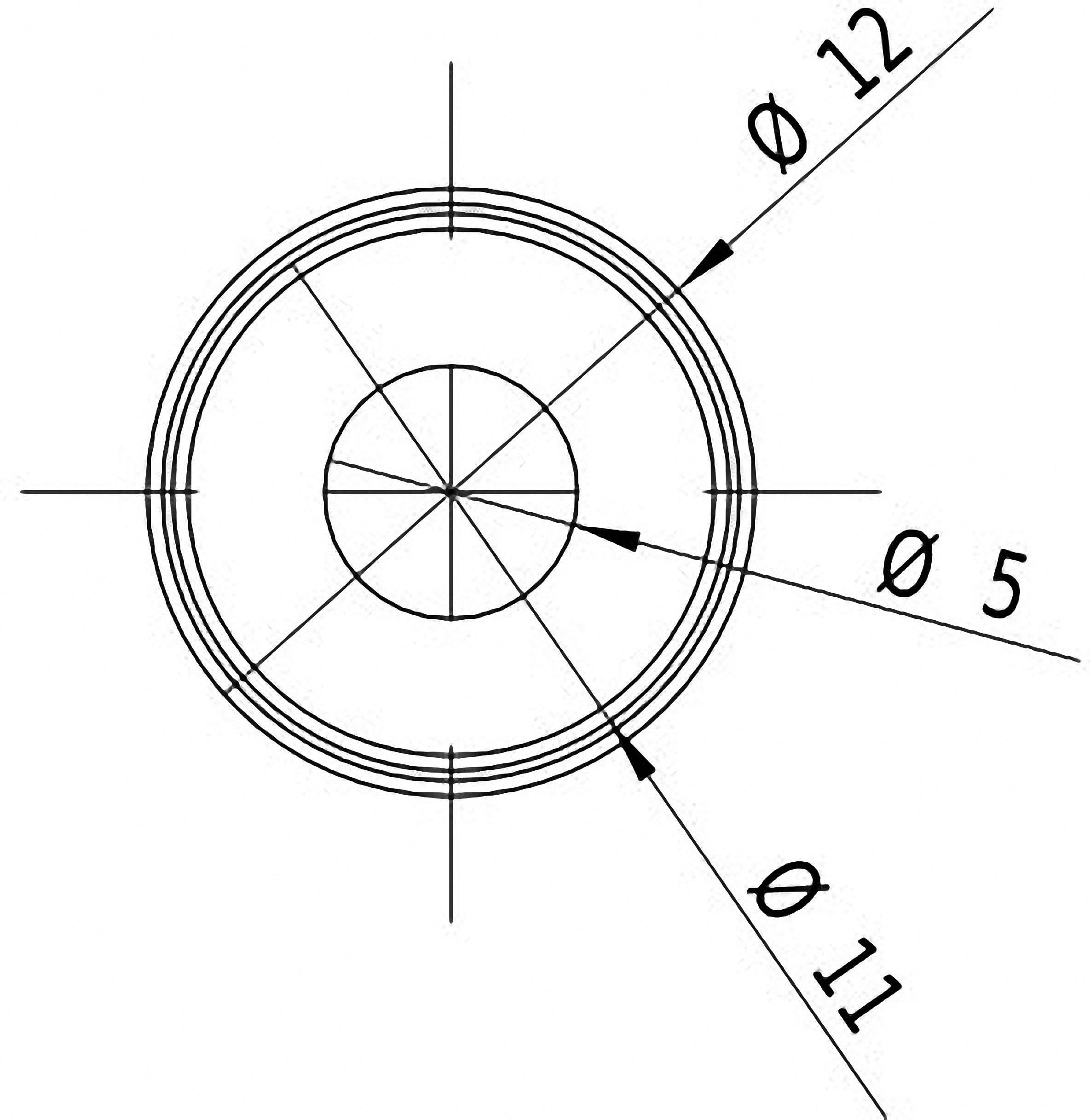 Teknisk tegning af en cirkel med tre diametere: Ø 5, Ø 11 og Ø 12. Viser forskellige koncentriske cirkelsektioner.