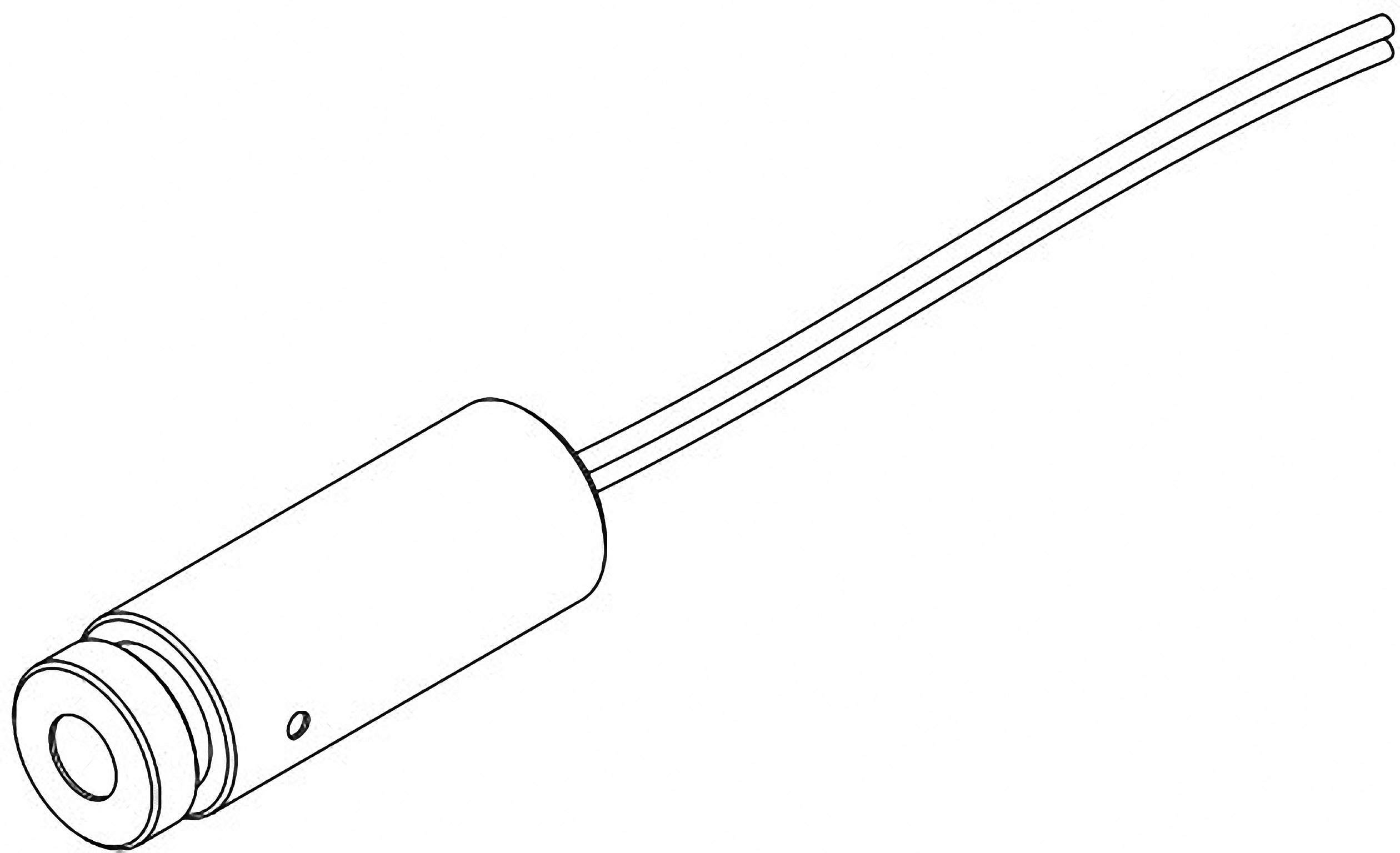 Streg-illustration af et cylindrisk lasermodul med to fremstående ledninger på højre side.