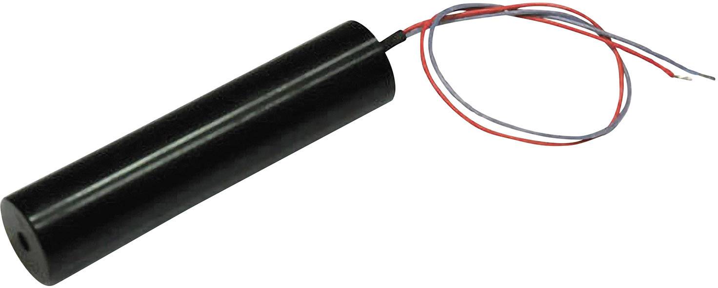 En cylindrisk, sort sensor med to fremstående kabler i rød og blå.
