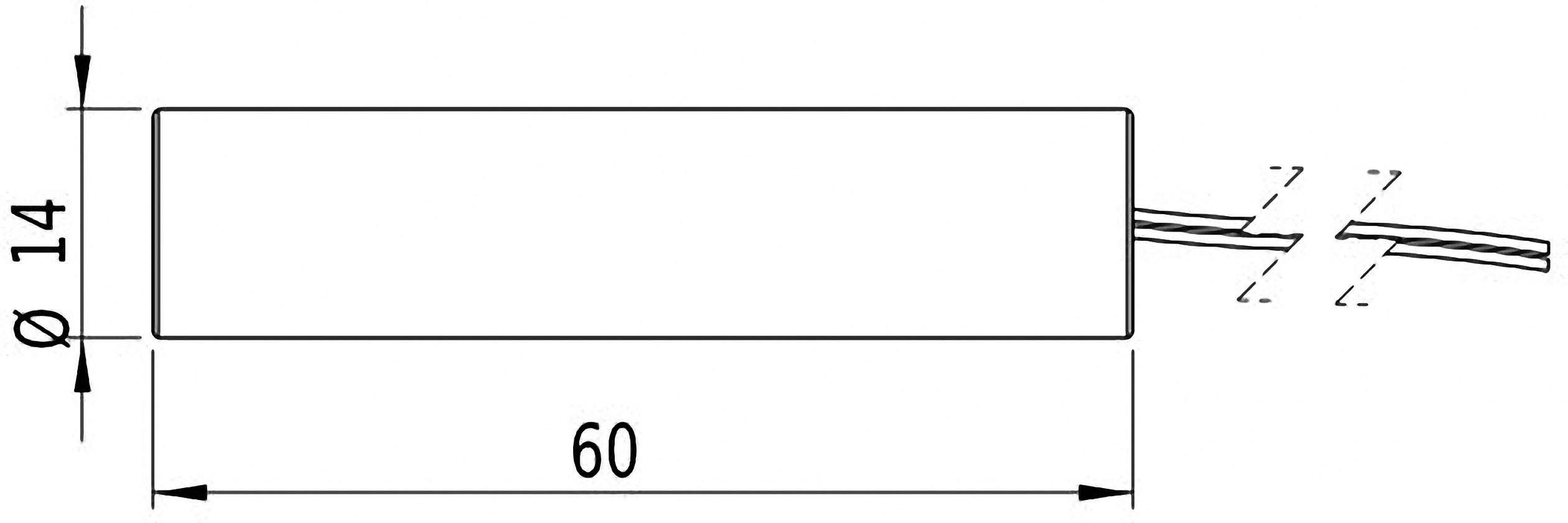 Teknisk tegning af et cylinderformet objekt med en diameter på 14 mm og en længde på 60 mm, kabelstik til højre.